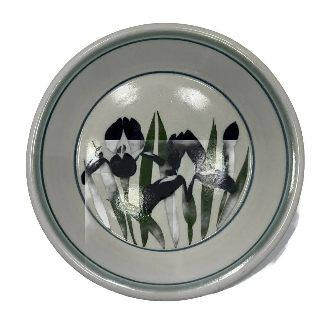 Handcrafted Pottery Artisan Signed Ward Glazed Pie Plate Shallow Bowl Iris